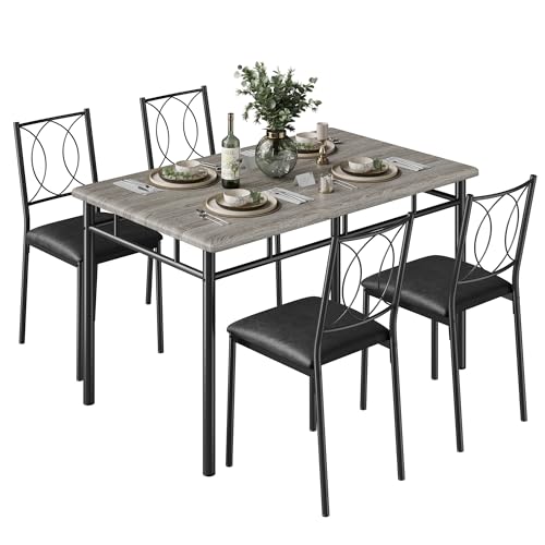 IDEALHOUSE Space-Saving 5-Piece Dining Table Set for 4 – Farmhouse Style | Wood Table with Upholstered Chairs – Perfect for Small Apartments or Breakfast Nooks – Grey - color: Grey, size: 5-Piece