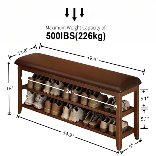 Wooden Shoe Storage Bench with Leather Cushion, Dark Brown, 39.4" | Rustic Solid Wood Entryway Bench, Shoe Rack Bench for Hallway, Front Door, Equipped with 2 Height-Adjustable Shelves - color: Dark Brown, size: 39.4"L x 11.8"W x 18"H