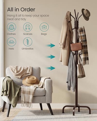 SONGMICS Coat Rack Freestanding with 16 Hooks, Metal Coat Tree Stand with 4 Adjustable Feet, Clothes Hanger Stand for Entryway Bedroom Living Room Hallway Office,Bronze URCR083MZ01S - color: Brown, style: 16 hooks