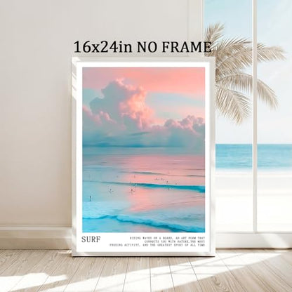 Pink and Blue Coastal Wall Art Cute Preppy Summer Pictures Aesthetic Summer Posters Trendy Beach Pictures Blue Ocean Painting Coastal Cowgirl Artwork Beach Wave Picture for Home Room 16x24in Frameless - color: C1Unframed