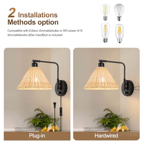 Plug in Wall Sconces Set of 2, Rattan Wall Lamps with Cord and Dimmer Switch, Black Swing Arm Wall Mounted Bedside Lamps for Bedroom, Living Room, Plug-in or Hardwired, Bulbs Included - color: Black