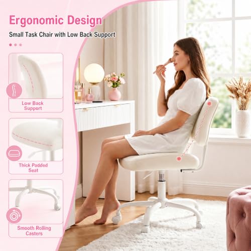 Homkdom Velvet Vanity Chair with Bow Backrest & Height Adjustable,Bedroom | Armless,360 Swivel,Silent Casters for Dressing Room & Living Room, Home Office,Make up,Reading,Beige - color: Beige