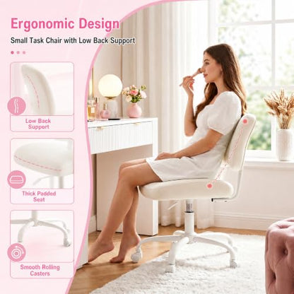 Homkdom Velvet Vanity Chair with Bow Backrest & Height Adjustable,Bedroom | Armless,360 Swivel,Silent Casters for Dressing Room & Living Room, Home Office,Make up,Reading,Beige - color: Beige