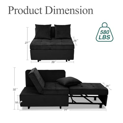 Convertible Sofa Bed 4-in-1 Pull Out Couch, Ottoman Bed Sleeper, Black | Velvet Love seat Couch Sleeper Chair Bed with USB Ports, 5 Adjustable Backrest and Pillow for Living Room Apartment Office - color: Black