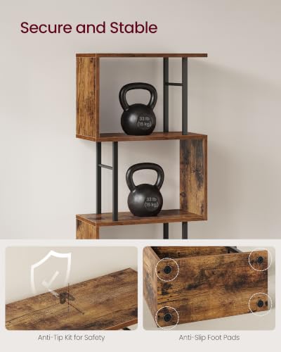 VASAGLE 6-Tier Bookshelf, S-Shaped Wood and Metal Bookcase, Tall Narrow Display Shelf, 15 x 9.4 x 61.9 in, for Living Room Storage, Rustic Brown and Matte Black, Barnet Collection ULLS172KD01 - color: Rustic Brown, style: 6-Tier (15"W)