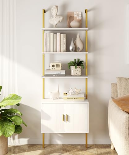Yusong 73" Tall Bookshelf with Cabinet, Industrial Ladder Wall Mount Shelf Bookcase with Wood and Metal Frame, Plant Shelf Wall Storage Display for Living Room Bedroom, White Gold - color: White