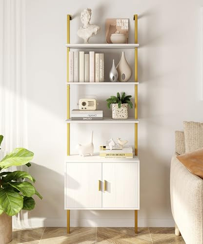 Yusong 73" Tall Bookshelf with Cabinet, Industrial Ladder Wall Mount Shelf Bookcase with Wood and Metal Frame, Plant Shelf Wall Storage Display for Living Room Bedroom, White Gold - color: White