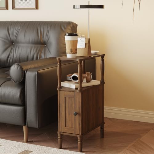 Veegle Narrow Nightstand,Skinny End Side Table (Walnut Brown) | Mid-Century Modern Night stand with Storage,Bedside Table for Bedroom and Living Room - color: Walnut Brown-narrow
