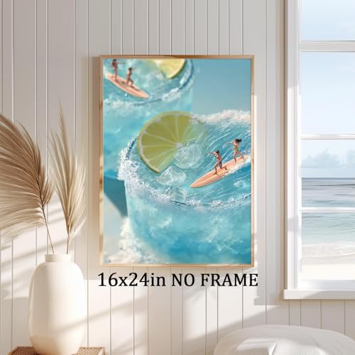 Trendy Cocktail Wall Art Cute Summer Paintings Blue Sea Picture Surfing Girl Poster Lemon Cocktail Art Ocean Wave Artwork Preppy Aesthetic Pictures Coastal Cowgirl Poster for Bedroom 16x24in Frameless - color: H1Unframed