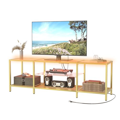 HOOBRO TV Stand with LED Lights and Power Outlets for TVs up to 75", Modern 63 Inch Tempered Glass TV Console Table with Open Shelves, Media Entertainment Center for Living Room, Gold GD165UDS01 - size: 63 Inch