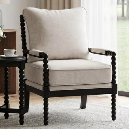 DUHOME Linen Fabric Spindle Accent Chair with Wood Frame,Bobbin Chair with High Resilience Spring Cushion and Armrest Pads, Leisure Armchair for Living Room Bedroom Farmhouse Home Office Belcony - color: Black+cream, size: 1 pc
