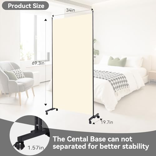Folding Room Divider W/Wheels,Heavy Duty Base Privacy Screen Separator | 360° Smooth Lockable Rolling Wheels,Foldable Freestanding Wall Divider,Easy Movable Partition for Room Separation - color: Beige, size: B-34''-1 Panel