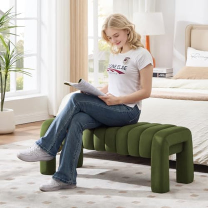 43.3” Dining Room Bench, Olive Green Tufted Upholstered End of Bed Bench, Modern Entryway Ottoman Window Seat with Solid Wood Legs and Padded Seat for Bedroom, Hallway and Living Room (Velvet) - color: Olive Green Velvet, size: 43.3"