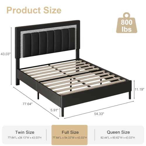 HOMBCK Full Bed Frame with Diamond Headboard, Black Upholstered Full Size Bed Frame with Wooden Slats Support, Diamond Vertical Stripe Design, Mattress Foundation, No Box Spring Needed, Black - color: Black, size: Full