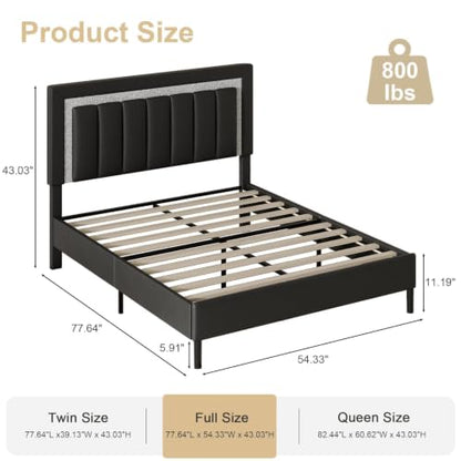 HOMBCK Full Bed Frame with Diamond Headboard, Black Upholstered Full Size Bed Frame with Wooden Slats Support, Diamond Vertical Stripe Design, Mattress Foundation, No Box Spring Needed, Black - color: Black, size: Full