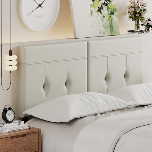 Upholstered Tufted King Size Headboard,PU Leather Wood Head Board with Metal Legs, Adjustable Height from 42” to 56”, Bed Headboard in Modern Design,Backboard for Bed, Beige Grey - color: Beige Grey, size: King