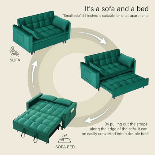 3 in 1 Convertible Sleeper Sofa Bed, Velvet Loveseat Futon Pull-Out Couch with Adjustable Reclining Backrest, Side Pockets and Pillows for Living Room, Bedroom, Apartment, Small Spaces (Green-Velvet) - color: Green-velvet