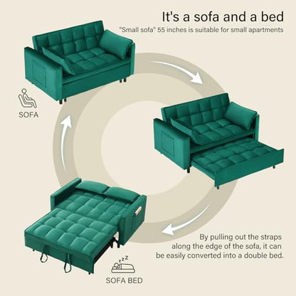 3 in 1 Convertible Sleeper Sofa Bed, Velvet Loveseat Futon Pull-Out Couch with Adjustable Reclining Backrest, Side Pockets and Pillows for Living Room, Bedroom, Apartment, Small Spaces (Green-Velvet) - color: Green-velvet
