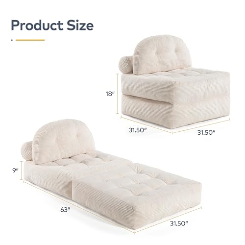 Convertible Corduroy Floor Sofa, 3-in-1 Folding Lazy Sofa Bed with Adjustable Backrest, Soft Bean Bag Chair Lounger for Living Room, Bedroom, Guest Room, Oversized Sleeper Chair - color: Beige, size: Single