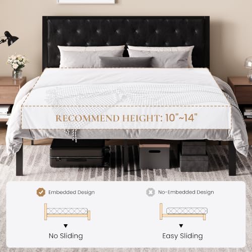 SHA CERLIN King Size Metal Bed Frame with PU Tufted Headboard, Black | Modern Design Heavy-Duty Platform Bed, No Box Spring Need, PU Leather Upholstery, Noise Free, Easy Assembly - color: Black, size: King