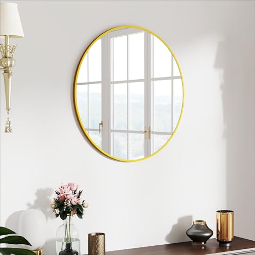 SCWF-GZ 24" Round Mirror Circle Wall Mounted Hanging or Against Wall Metal Frame Dressing Make-up Mirrors for Entryway Bedroom Bathroom Living Room 24 inch Gold | HD Crystal Clear No distortion Tempered Glass,Aluminum Frame,Make-Up Mirrors for Bedroom,Ent