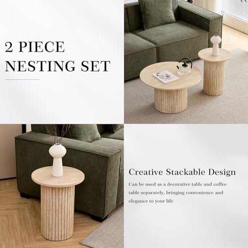 Round Nesting Coffee Table Set of 2 Mid Century Modern Wood Round Coffee Tables with Flexible Small Boho Circle Side Table for Space Saving Living Room Comedor Home Office Bedroom(Beige) - color: 2pcs Beige