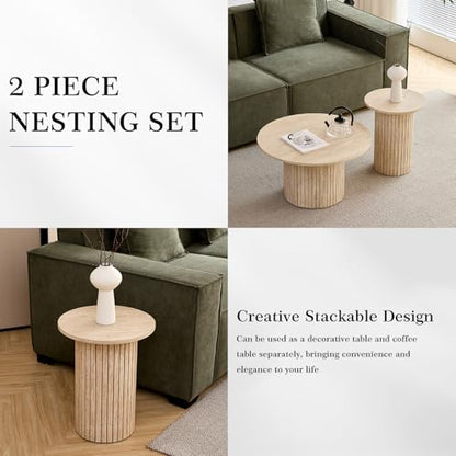 Round Nesting Coffee Table Set of 2 Mid Century Modern Wood Round Coffee Tables with Flexible Small Boho Circle Side Table for Space Saving Living Room Comedor Home Office Bedroom(Beige) - color: 2pcs Beige