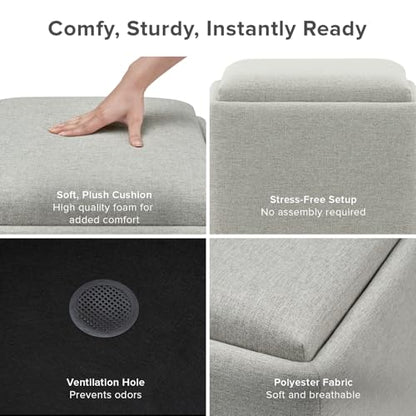 mopio Levi Storage Ottoman with Reversible Tray, Modern Square Chest Coffee Table, Upholstered Cube Sitting Foot Stools Ottoman for Living Room, Bedroom, Entryway (Fabric, Light Gray) - color: Light Gray Fabric, Cube