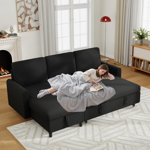 Shintenchi 70'' Sleeper Sofa Bed with Storage, Convertible Pull Out Couch Futon for Living Room, Apartment, Corduroy Fabric L Shaped Sectional Sofa Pull-Out Bed, Black - color: Black