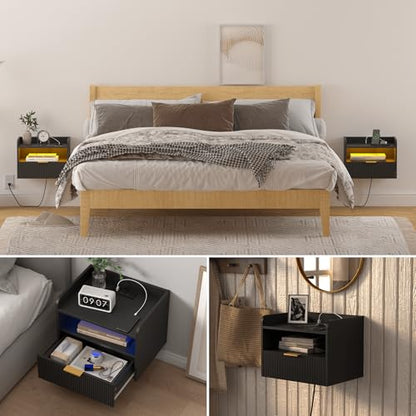 Veegle White Floating Nightstand with Charging Station and LED Lights (Black) - color: Black