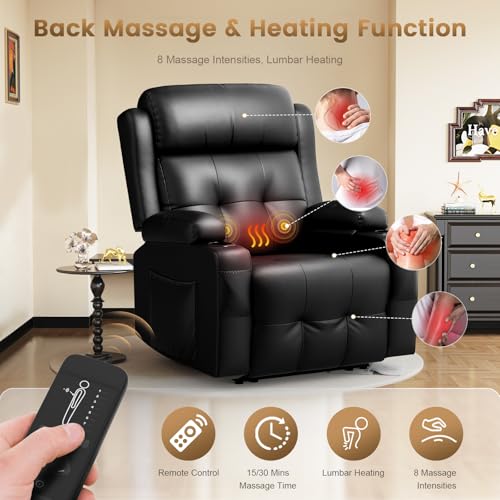 Home Theater Seating, Power Recliner Sofa Single Chair with Massage & Heat | Wall Hugger Reclining Single Chairs with USB, RV Furniture with LED Lights, Cup Holders for Movie Theater, Gaming Room - color: Black, size: 34" - 1 Seat