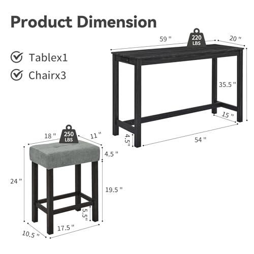 59" Industrial 4 Piece Bar Table Set with Built-in Power Outlet, Behind Couch Sofa Table with 3 Linen Upholstered Stools, Bar Table and Chairs Set for Living Room, Dining Room, Lounge, Black - color: R2-black