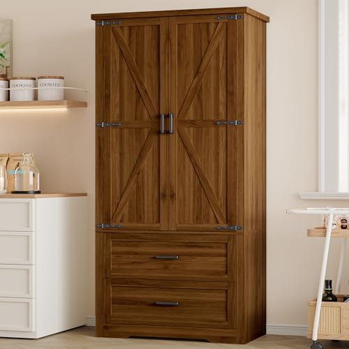 BORNOON Pantry Organizers and Storage Cabinet, 71” Barn Door White Kitchen Cabinet with Drawers and Adjustable Shelf, Tall Pantry for Kitchen, Dining Room, Living Room. Bathroom and Office - color: Walnut, size: Double Drawers
