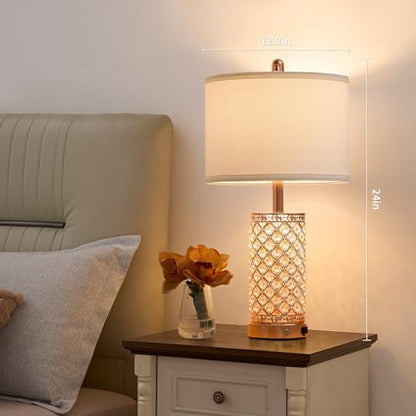 SAIWEYA 24in Crystal Table Lamp Bedroom Lamps for Night Stand Bedside | 3-Way Dimmable Touch with Night Ligh, 2 USB Ports + AC Outlet, White Fabric Shade, LED Bulb Included - color: Rose Gold-1 Pack 24In