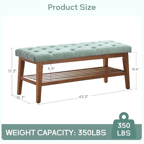 HUIMO Upholstered Entryway Shoe Bench, Button Tufted End of Bed Bench, Teal | with Solid Wood Slatted Shelf, Padded Ottoman Bench for Bedroom, Living Room, Entryway - color: Teal, style: French Country