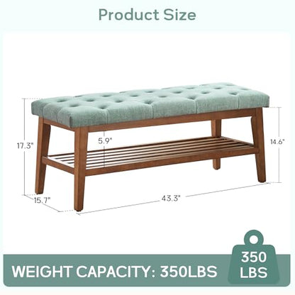 HUIMO Upholstered Entryway Shoe Bench, Button Tufted End of Bed Bench, Teal | with Solid Wood Slatted Shelf, Padded Ottoman Bench for Bedroom, Living Room, Entryway - color: Teal, style: French Country