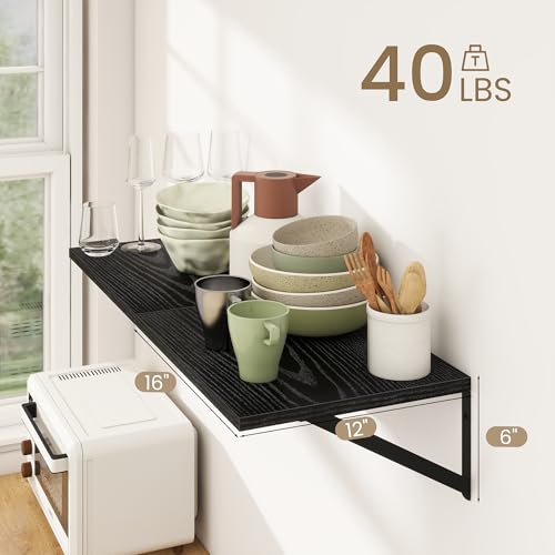 Dreamland Wall Mounted Floating Shelves Set of 2, 16x12, Black | Engineered Wood, Visible Bracket, Large Storage, Hold Up to 40lbs, Living Room, Bathroom, Bedroom, Kitchen - color: Black, size: 16"W x 12"D