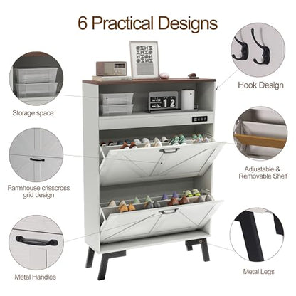 Shoe Cabinet with Deodorizer, Narrow White Entryway Storage, Anti-Tip | Deodorizer with 4 Modes | 2 Flip Drawers | Adjustable Shelves | Narrow White Design | Anti-Tip Kit | 9.4"D x 31.4"W - size: 47"H x 34.1"W x 9.4"D