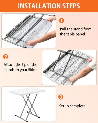 Folding Table 30 Inch, Heavy Duty Adjustable Height TV Tray Portable Plastic Small Foldable Table Indoor Outdoor for Laptop, Camping, Picnic and Dining, White