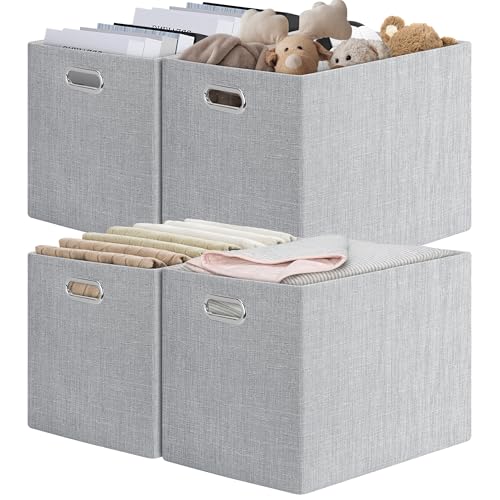 Posprica 15.12"x12.13"x12.01" Storage Cube Bins, Linen Decorative Closet Storage Organizer for IKEA Kallax, 4 Pack Fabric Foldable Large Storage Baskets for Closet, Shelves, Clothes(Grey) - color: Grey, size: 15.12 Lx12.13 Wx12.01 H