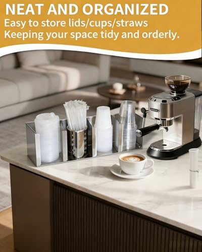 Stainless Steel Cup Dispenser,4 Compartments Cup Holder and Lid Holder with Adjustable Dividers,Cup Organizer for Kitchen Cabinets Cafe Shop Restaurant,Includes Straw Holder - size: 4 Compartments