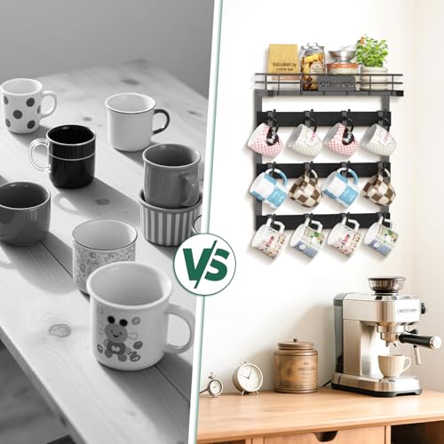 EsLuker.ly Coffee Mug Holder Cup Hanger Wall Mounted Display Rack | Metal Organizer with 12 Movable Plastic Hooks, Wood Rustic Shelf for Coffee Bar Home Kitchen, Thoughtful Wall Storage, Black - style: 12 Movable Hooks Black Style
