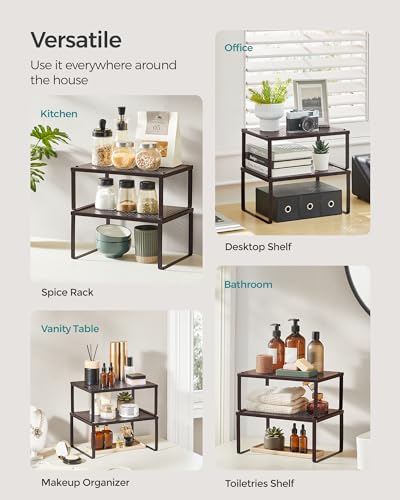 SONGMICS Set of 2 Metal Spice Racks, Stackable Expandable Shelf Risers | Steel Cabinet Shelf Organizers, Countertop Organizers, Rustic Walnut BEQUE Collection UKCS01BR
