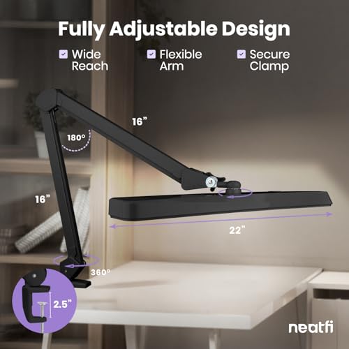 Neatfi XL 2,500 Lumens 30W LED Task Lamp for Manicure Table, Crafts, Workbench, Office – 22” Wide Shade Desk Light | Eye-Caring 6500K | 4-Level Brightness (Black, Non-CCT with Clamp) - color: Black