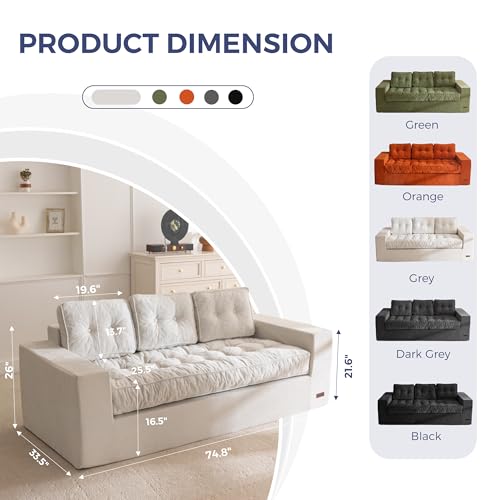 MAXYOYO 3-Seater Boneless Sofa Couch, Tufted Sofa Lounge for Living Room, Comfy Bean Bag Chair High-Density Foam Couch with Pillows, No Assembly Required - color: Chenille Light Grey, size: 3 Seater