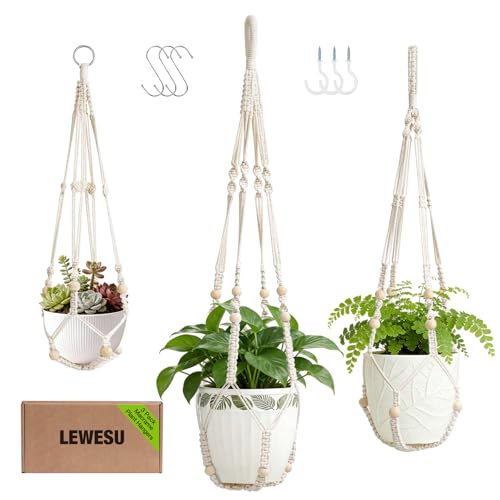 LEWESU 3 Pack Macrame Plant Hanger Indoor 3 Different Sizes Hanging Planter Basket Flower Pot Holder with Wood Beads & No Tassels for Boho Home Decor, 23, 30, 35 Inch, Ivory (Pot Not Included) - color: Ivory, size: 23" + 30" + 35"