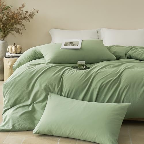 JELLYMONI 100% Cotton Full Duvet Cover Set, Washed Linen-Like Texture | Pre-Shrunk, with Natural Wrinkles, Wide Zipper Opening, Colorfast,8 Reinforced Ties,1 Duvet Cover&2 Pillowcases - color: 01- Mint Green, size: Full(80"×90")