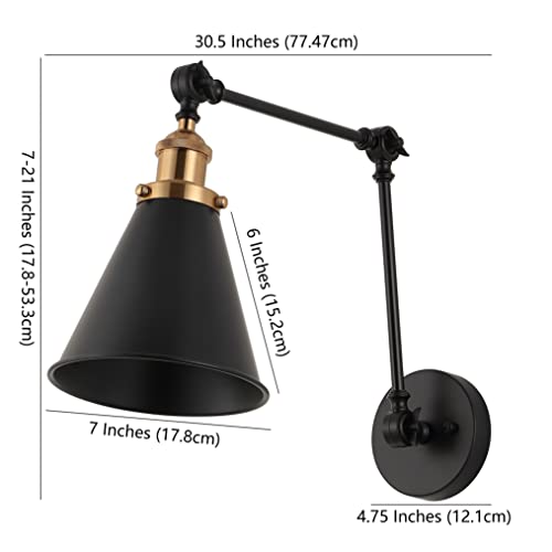 JONATHAN Y Rover 1-Light Wall Sconce 7", Black/Brass Gold, Set of 2 | Adjustable Arm, Hardwired Bedside Reading Swing Arm, Farmhouse Cone Shade, Metal Hardwired Indoor Fixture, LED Bulbs Included - color: Black/Brass Gold, size: Set of 2