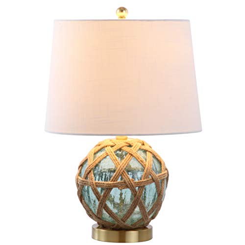 JONATHAN Y Andrews Table Lamp 21.5" Nautical Glass and Rope, Brown/Aqua | Coastal Transitional Bedside Light, White Linen Drum Shade, Brass Gold Metal Base, Rotary Switch, LED Bulb Included