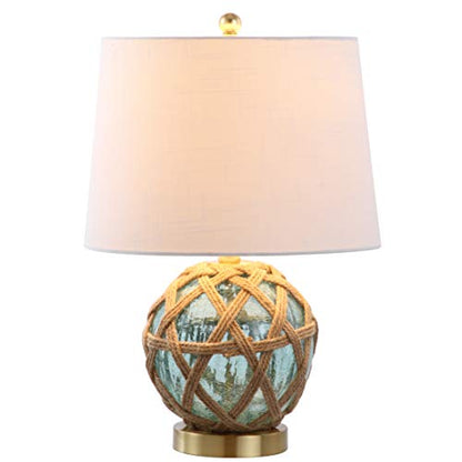 JONATHAN Y Andrews Table Lamp 21.5" Nautical Glass and Rope, Brown/Aqua | Coastal Transitional Bedside Light, White Linen Drum Shade, Brass Gold Metal Base, Rotary Switch, LED Bulb Included